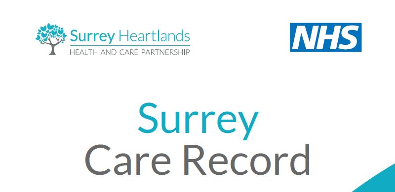 An image of Surrey Care Record logo with the Surrey Heartlands logo top left and NHS logo top right