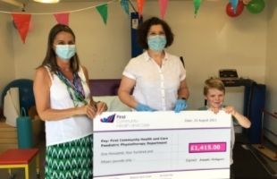 Joseph Hodgson presents cheque to Sarah Billiald, First Community CEO (left) and his physiotherapist Julie Sinclair (centre)
