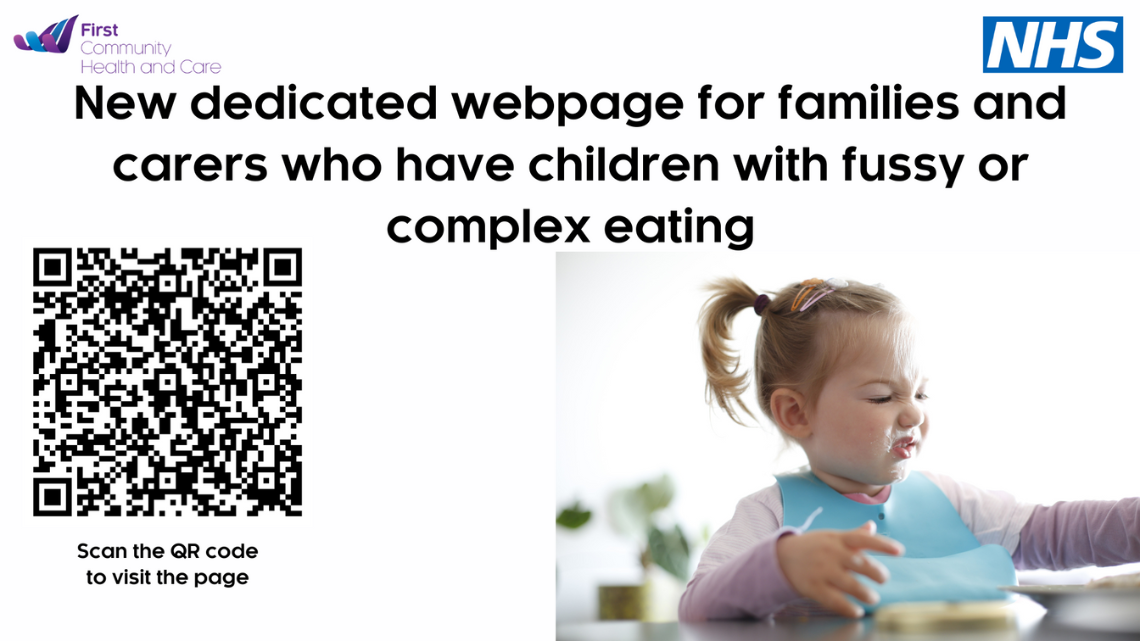 QR code for webpage and image of a child eating